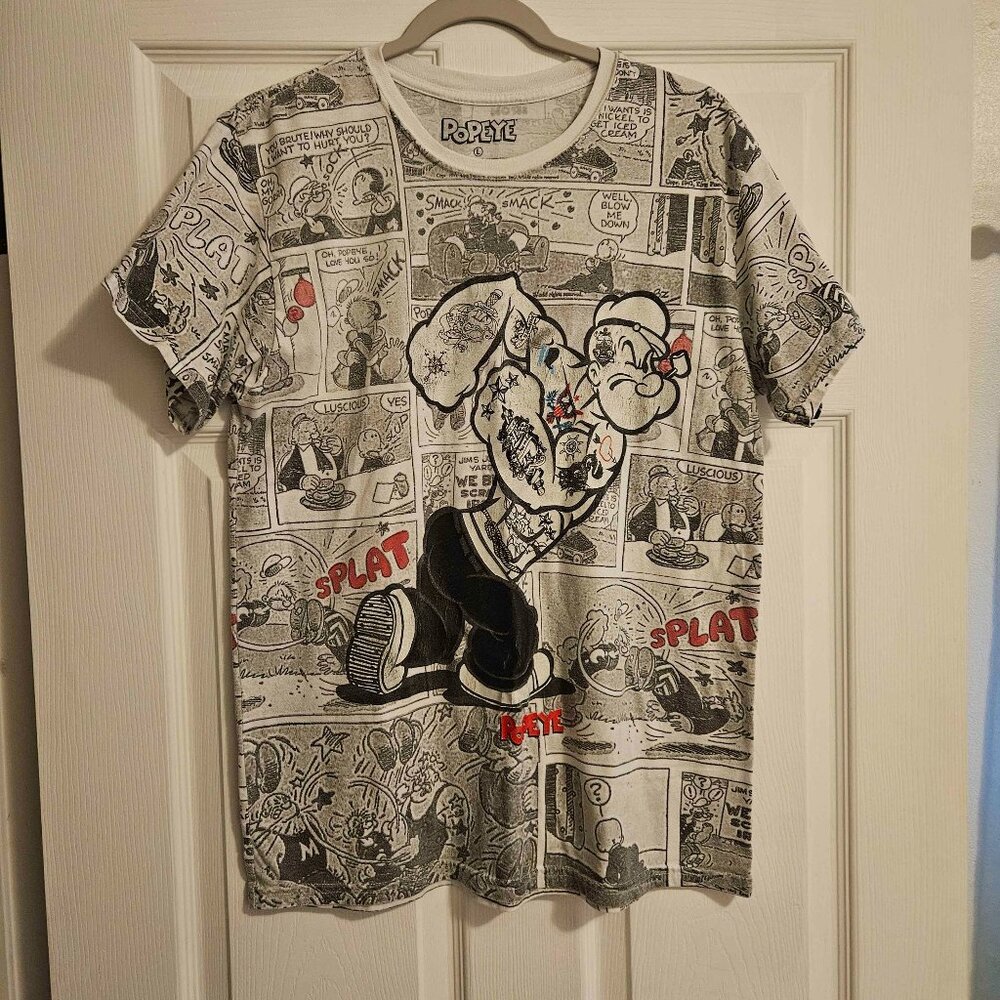 Popeye Comic Strip All Over Print Graphic Tee Short Sleeve T-Shirt Men's Large
